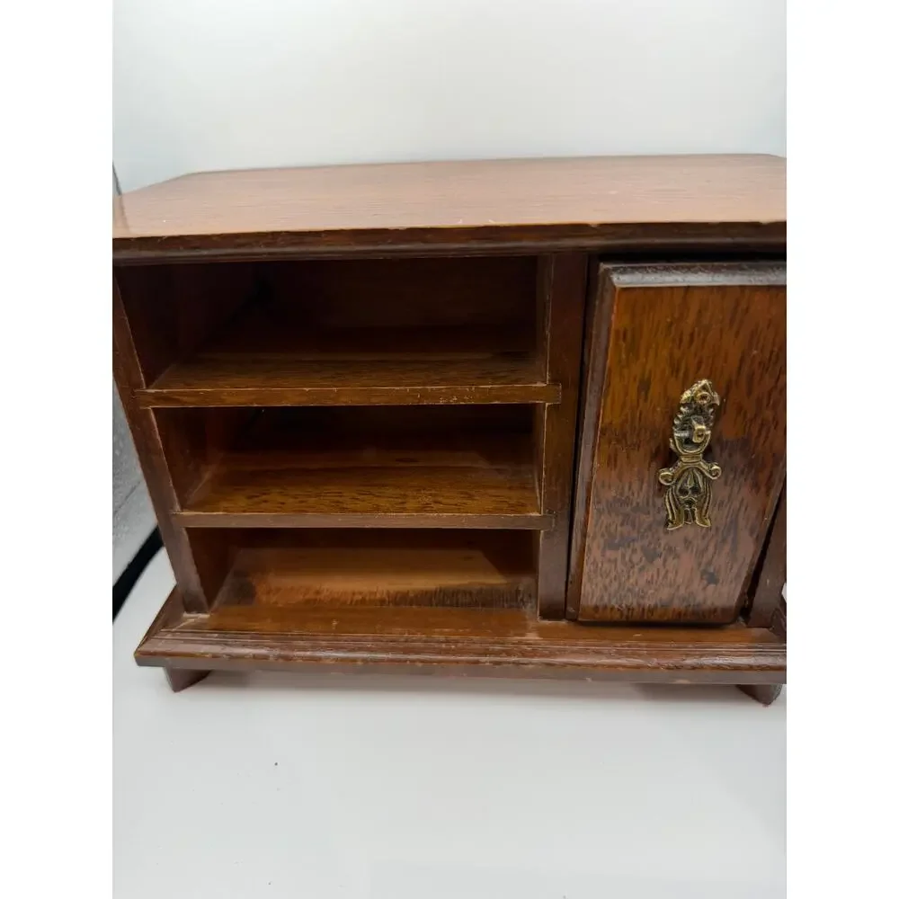 Vintage Wooden Jewelry Box Armoire Chest 3 Drawers Ring Roll Cabinet Organizer